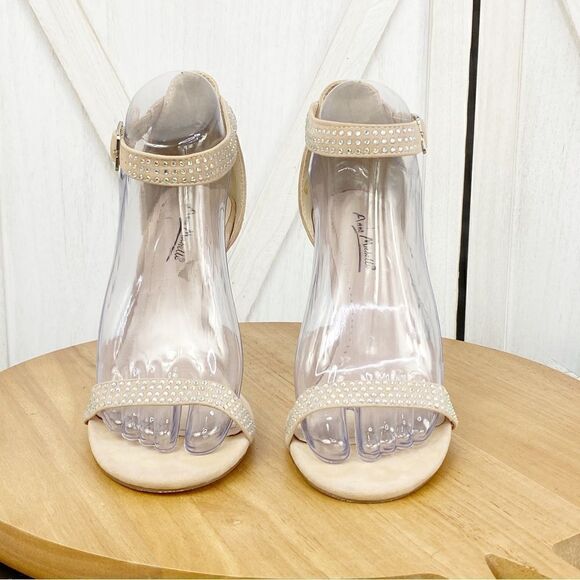 Anne Michelle Enzo Rhinestone Faux Suede Strappy Heels Tan Open Toe 7.5 - Picture 3 of 13